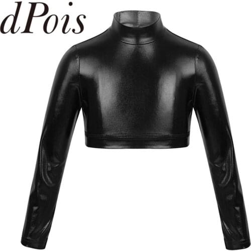Kids Girls Ballet Gymnastics Dance Wear Mock Neck Long Sleeves Glossy Metallic Crop Tops For Stage Performance Costumes Tops