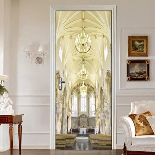 European Golden Church Wall 3D Wallpaper Door Stickers Living Room Door Decoration Wall Paper PVC Self-adhesive Waterproof Mural