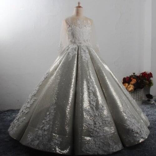 FG12 Real Pictures Yiaibridal Luxury Long Sleeves Girl Light Champagne Gold Colored Pageant Ball Gowns Primera Comunion Dress
