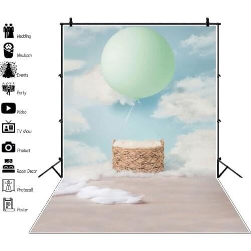 Laeacco Baby Newborn Baptism Hot Balloons Basket Cotton Cloud Photophone Portrait Photo Background Photographic Backdrops