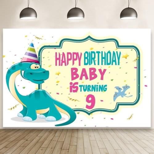 Green Dinosaur Kid 9th Birthday Backdrop Birthday Hat Studio Photography Prop Background Celebration Party Poster Decor