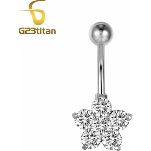 G23titan Summer Women Accessories G23 Titanium Crystal Flower Belly Rings Body Piercing Jewellery for Women 14G Titanium Barball