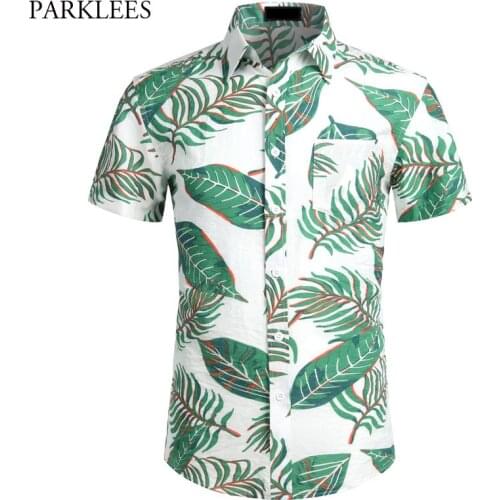 Leaf Print Hawaiian Shirts Men Summer Short Sleeve Mens Cotton Beach Hawaii Shit Casual Button Up Pocket Aloha Camisas Hombre