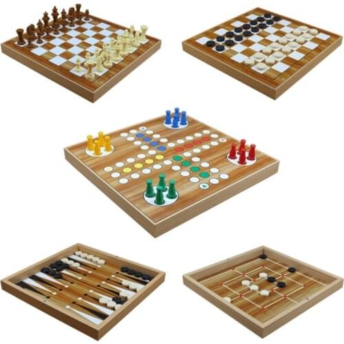Dream Gezegeni Completely Natural Wood 5'li Game Set (Backgammon-Checkers-Ludo-9 Stone-Chess)