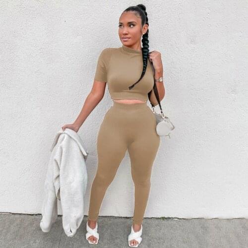 2021Two Piece Sets Women Solid Autumn Tracksuits High Waist Stretchy Sportswear Hot Crop Tops and Leggings Matching Outfits