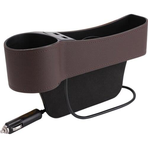 Brown Left Side Car Seat Slit Storage Box Organizer Pocket with 2 USB Ports Universal