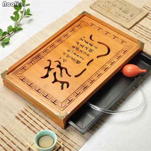 NOOLIM Creative Flower Carving Natural Bamboo Tea Tray Rectangular Traditional Wood Strainer for Teahouse Teaware Supplies