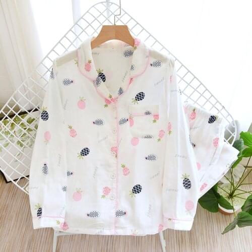 New Double-layer Cotton Yarn Pajamas for Women Pineapple Cardigan Lapel Long-sleeved Trousers Japanese Simple Living Clothes