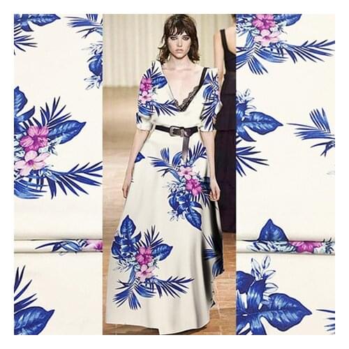 32mm spun silk fabric blue leaf digital printing heavy clothing fabric new mulberry silk dress shirt summer fashion materials