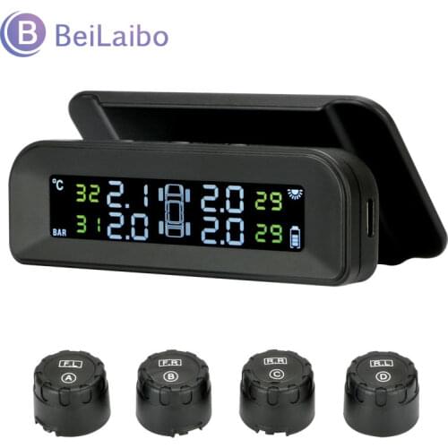 2021New Tpms Car Tire Pressure Alarm Monitor System Real-time Display Attached to glass wireless Solar power tpms with 4 sensors