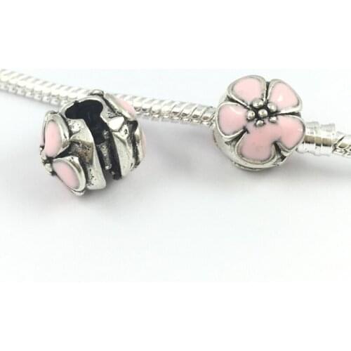 Light Pink Ename flower Safety Clips Locks Beads Stopper European Beads Fit Charms Bracelets & Bangles