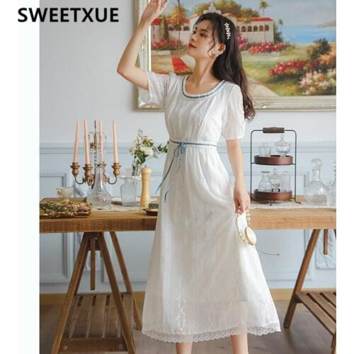 SWEETXUE White Sweet Fairy Lace Embroidery Elegant Party Dress Womens Summer 2021 Fashion Elegant Fairy Long Cute Chic Dresses