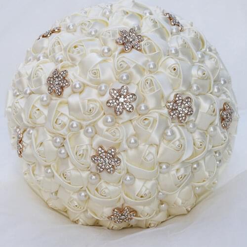 WifeLai-A 21CM Casual Ivory Cream Gold Flower Brooch Bouquet Bridesmaid Bridal Artificial Rose Wedding Bouquet W242 Customized