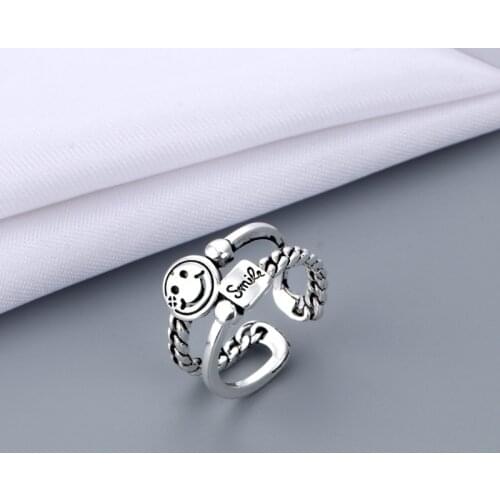 XLLD Punk Ancient Silver Color Happy Smiling Face Open Rings For Women Adjustable Stackable Link Twisted Ring Fashion Jewelry