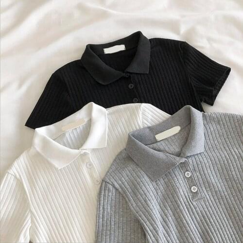 Summer Women T-shirt 2020 New Korean Casual Three Button POLO Collar Shirt White Gray Black Slim Stretch Short Sleeve Ladies Top