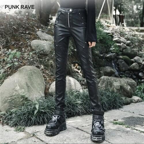 PUNK RAVE Girls Zipper Fly Rivets Skinny Faux Leather Pants Trousers Women High Waist Pants Handsome Streetwear