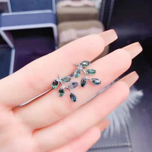Natural Sapphire Gemstone S925 Sterling Silver Leaf Typ Earrings Fine Fashion Weddings Jewelry For Women MeiBaPJFS