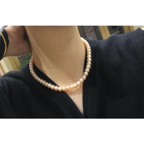 8mm pink half round real Pearl choker necklace gold clasp natural Freshwater PEARL Women Jewelry 17'' 43cm 35cm