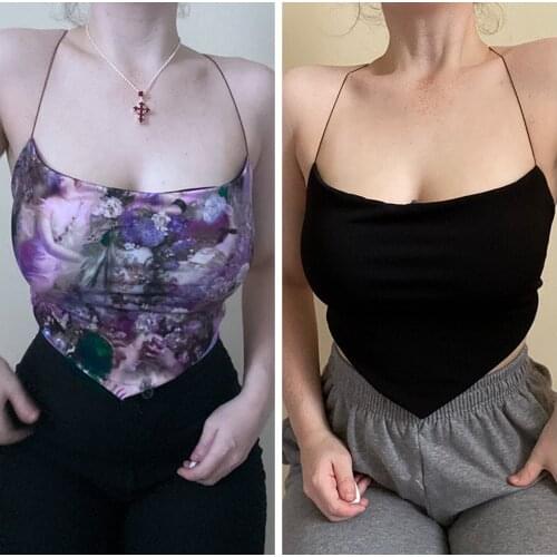 Fashion Backless Floral Print Lace-Up Camisole Womens Solid Color Sexy Exposed Navel Suspender Tops Clubwear Tank Top