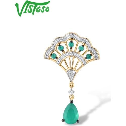 VISTOSO Gold Pendant For Women Genuine 14K 585 Yellow Gold Magic Emerald Sparkling Diamond Engagement Anniversary Fine Jewelry