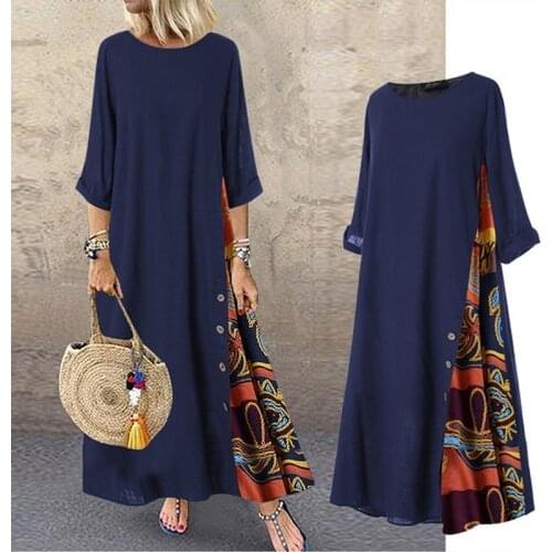 Women Vintage Maxi Dress 3/4 Sleeve Side Buttons Solid Stitching Printed Dress Summer Autumn Plus Size Loose Casual Long Dress