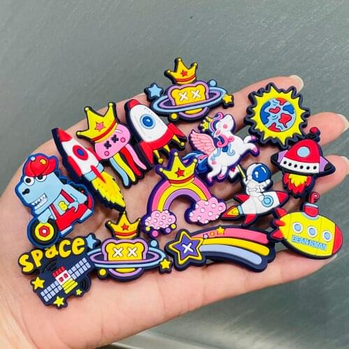 1pcs Space UFO Rocket Unicorn Queen Shooting Star Rainbow Shoe Charms Shoes Accessories Decoration Clog Fit Croc Jibz Kids Gifts