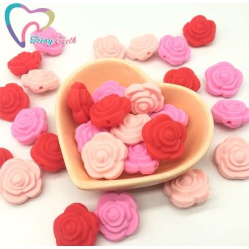 Teeny Teeth 10PCS Baby Girls Pinky Rose Flower Silicone Beads Food Grade Baby Teething Chew Beads Made For DIY Necklace Jewelry