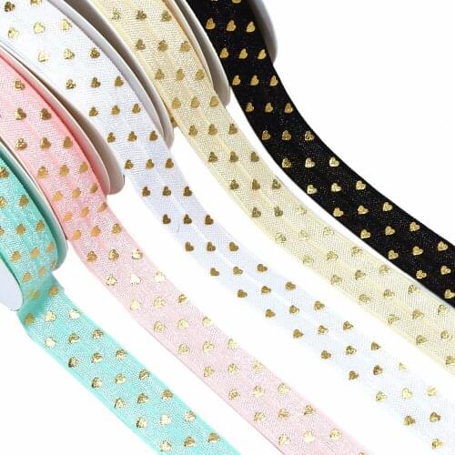 5/8" gold foil polka heart FOE fold over elastic for FOE ties garment cloth accessories