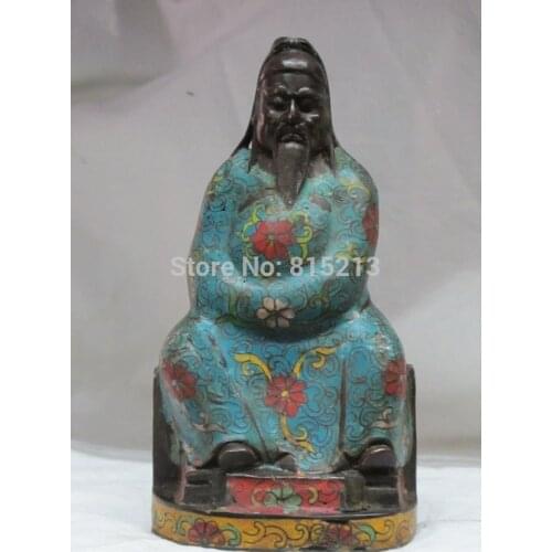 Bi00776 7"Chinese Bronze Cloisonne enamel blue clothes Lotus pier Guan Gong Statue