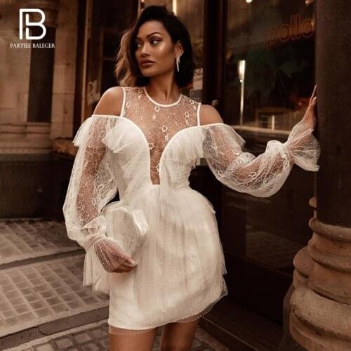 PB Trendy White Lace Mini Dress Ruffles Design Sexy Off Shoulder Celebrity Party Club Bandage Vestido Free Shipping