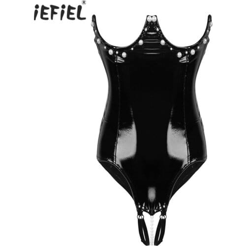 Sexy Women Lingerie One-piece Patent Leather Crotchless Bodysuit High Cut Leotard Clubwear Strapless Bodysuits Catsuit Nightwear