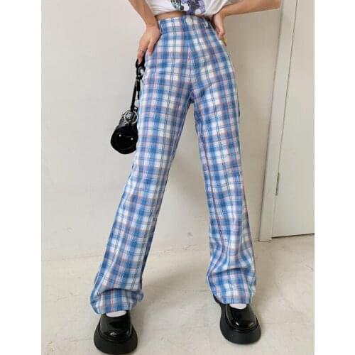 MyErato Summer Casual High Waist Plaid Wide Leg Slacks Korean Pants Women Oversized Streetwear Trendy Straight Tube Green Pants