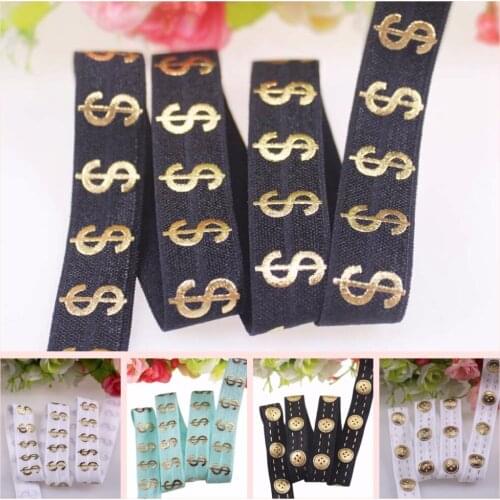 5/8" gold foil dollars buttons pattern fold over elastic for headband ties accessaries