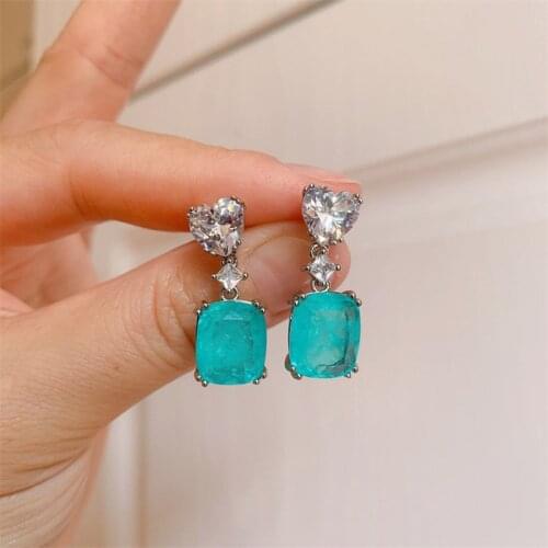QTT Exquisite Square Paraiba Emerald Tourmaline Gemstone Earrings For women S925 Silver Dangle Earrings Anniversary Gift Jewelry