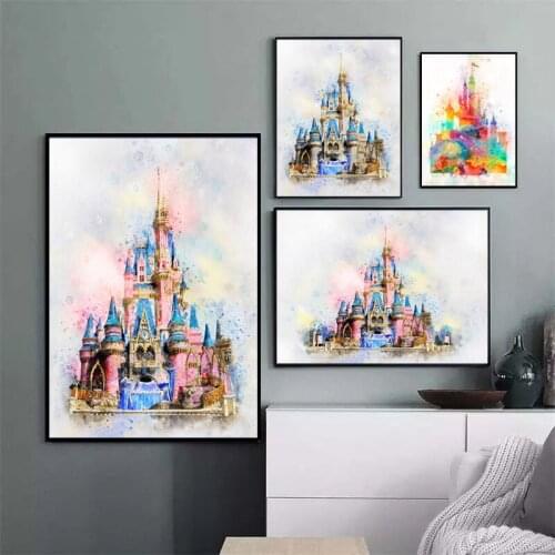 Canvas Painting Sleeping Beauty Magic Castle Prints Poster Disney Princess Castle Watercolor Wall Art for Kids Room Decor Cuadro