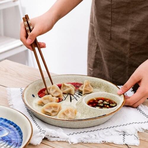 Creative Dinner Plates with Sauce Grid Japaness Style Ceramic Dumplings Tray Salad Steak Dishes Fish Pattern Home Plate
