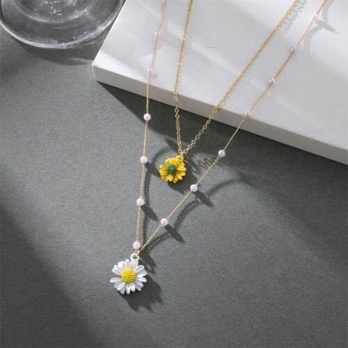 Fashion Double Daisy Flower Pendant Necklace Jewelry For Women Layered Necklace Bohemia Pendant Necklace Jewelry