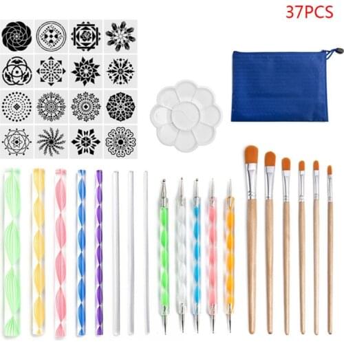 37Pcs/Set Mandala Dotted Tools Set for Painting Rock Stencil Brush Wooden Drawing Pen Paint Tray Kit