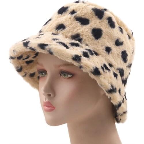 New Winter Leopard Print Faux Fur Plush Bucket Hats For Women Outdoor Warm Sun Hat Soft Velvet Fisherman Cap Lady Fashion Panama