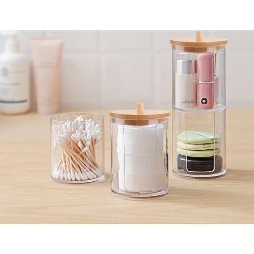 Makeup Organizer Cotton Pad Storage Box For Cotton Swabs Rod Cosmetics Jewelry Bathroom Qtip Container with Bamboo Lid