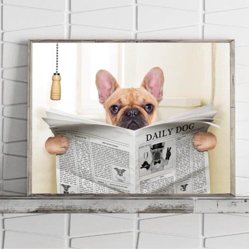 French Bulldog Dog Sitting on Toilet and Reading Magazine Canvas Art Poster Print Funny Art Painting Picture Bathroom Wall Decor