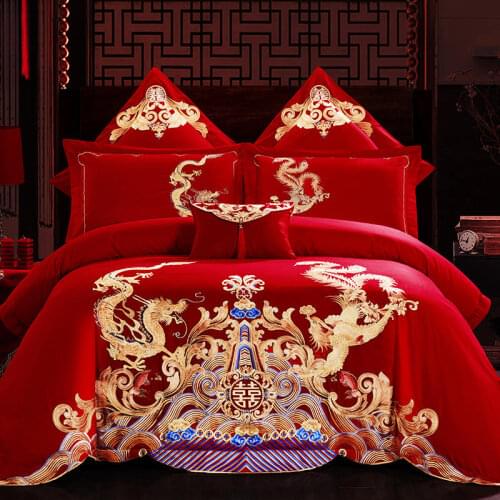100% Cotton Luxury Gold Dragon Phoenix Embroidery Palace Wedding Red Bedding Set Duvet Cover Bed Sheet Pillowcase Home Textile