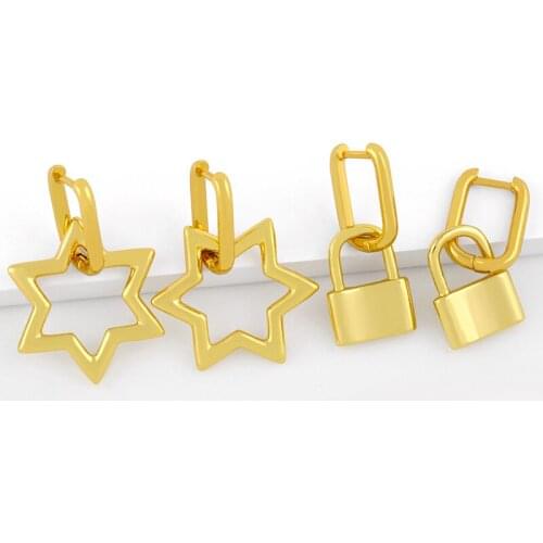 FLOLA Gold Polish Padlock Earrings For Women Small Star Drop Earrings Dangle Cute Simple Huggie Minimalist Jewelry Gifts ersv45
