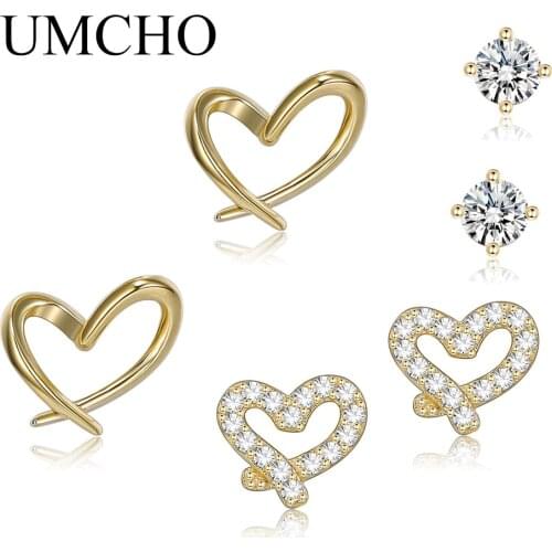 UMCHO 3pcs Heart Solid 925 Sterling Silver Cubic Zircon Little Stud Earrings for Female Girl Party Wedding Daily Jewelry Gift