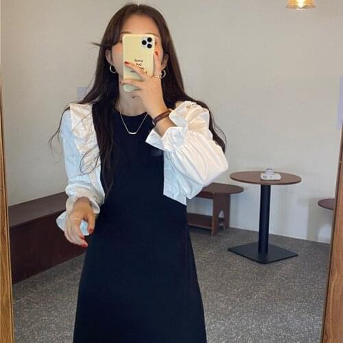 Vintage O Neck Contrast Color Ruffled Stitching Fake Two-Piece Dress Fall 2021 New Korean One-Piece WomenS Flared Sleeve Dress