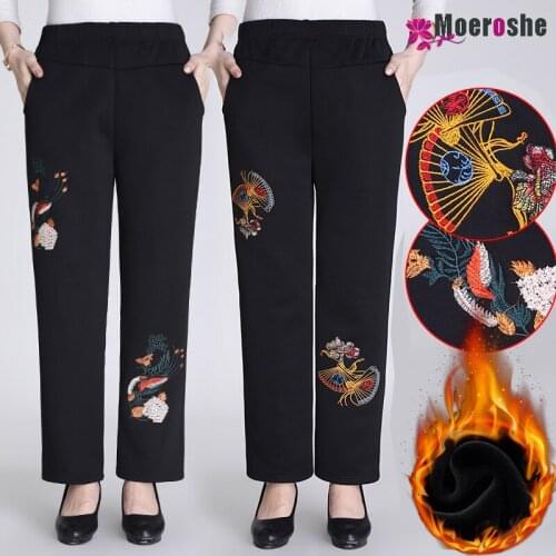 Women Winter Warm pants Velvet Thick Trousers Embroider Elastic waistline Middle aged Mother Stretch Straight Pants Plus Size
