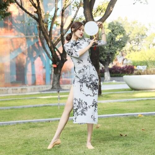 Womens Cheongsam High Split Classic Dance Exercise Clothing Net Yarn Half Sleeve National Dancing Costume