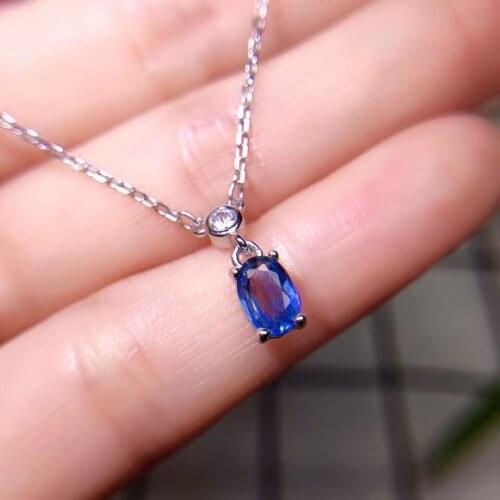 Classic simple small 4*6mm Natural blue sapphire Necklace Natural Gemstone Pendant Necklace S925 sliver women party gift Jewelry