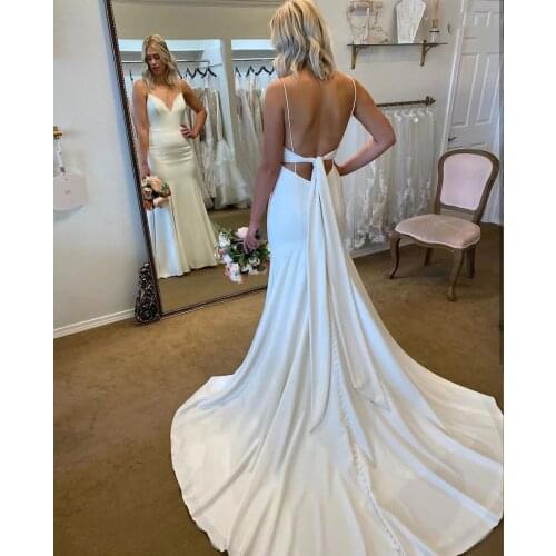 Simple Satin Mermaid Wedding Dress Sexy Spaghetti Strap Backless Women Bridal Gowns Sweep Train Robe De Mariee Custom Made