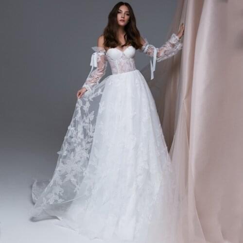 Eightree Applique White Wedding Dresses Elegant 2021 Tulle Strapless A-Line Bridal Puff Sleeve Wedding Evening Gowns Custom Size